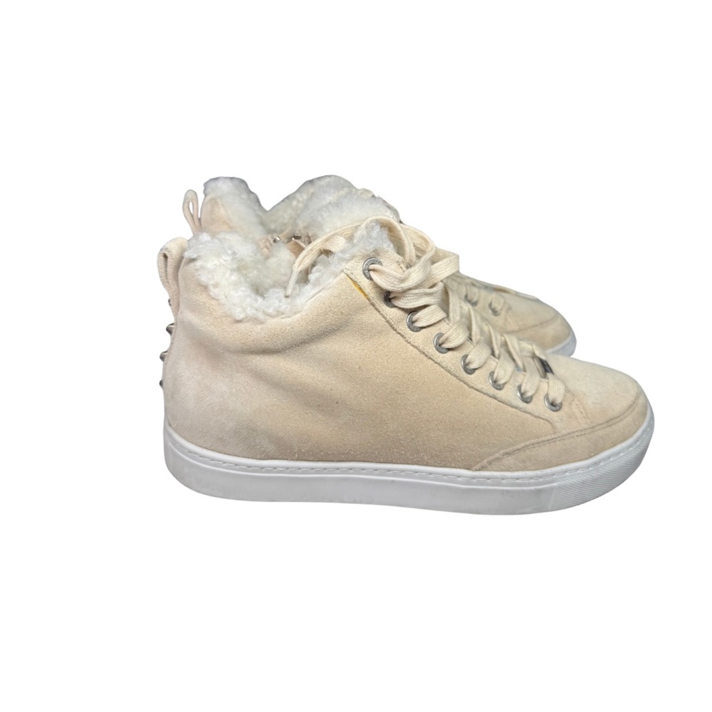 J/SLIDES Shearling Lined Beige suede booties 9 winter neutral fall cozy lace up